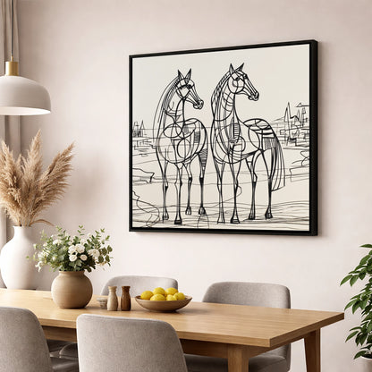 Architectural Equine Duo horse landscape wall art displayed in a dining room