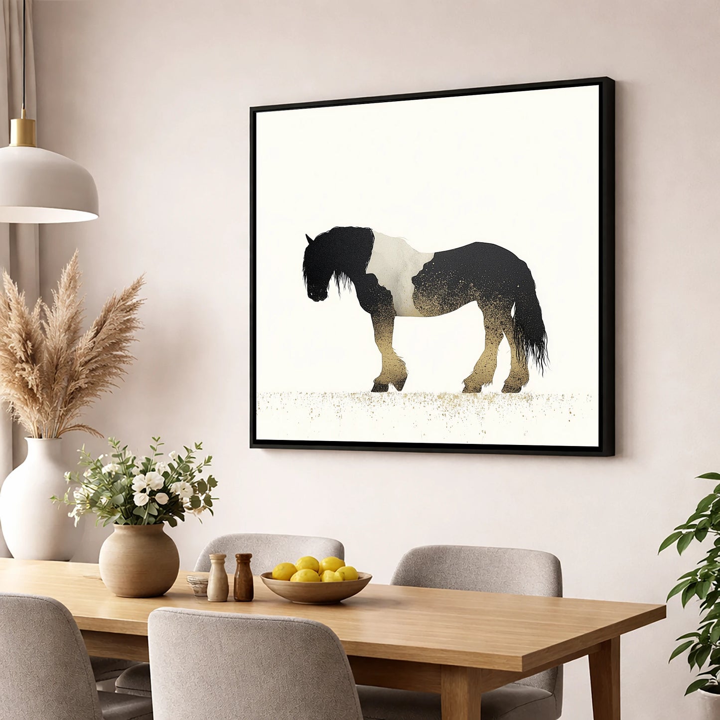 Gilded Piebald Profile horse breed wall art displayed in a dining room