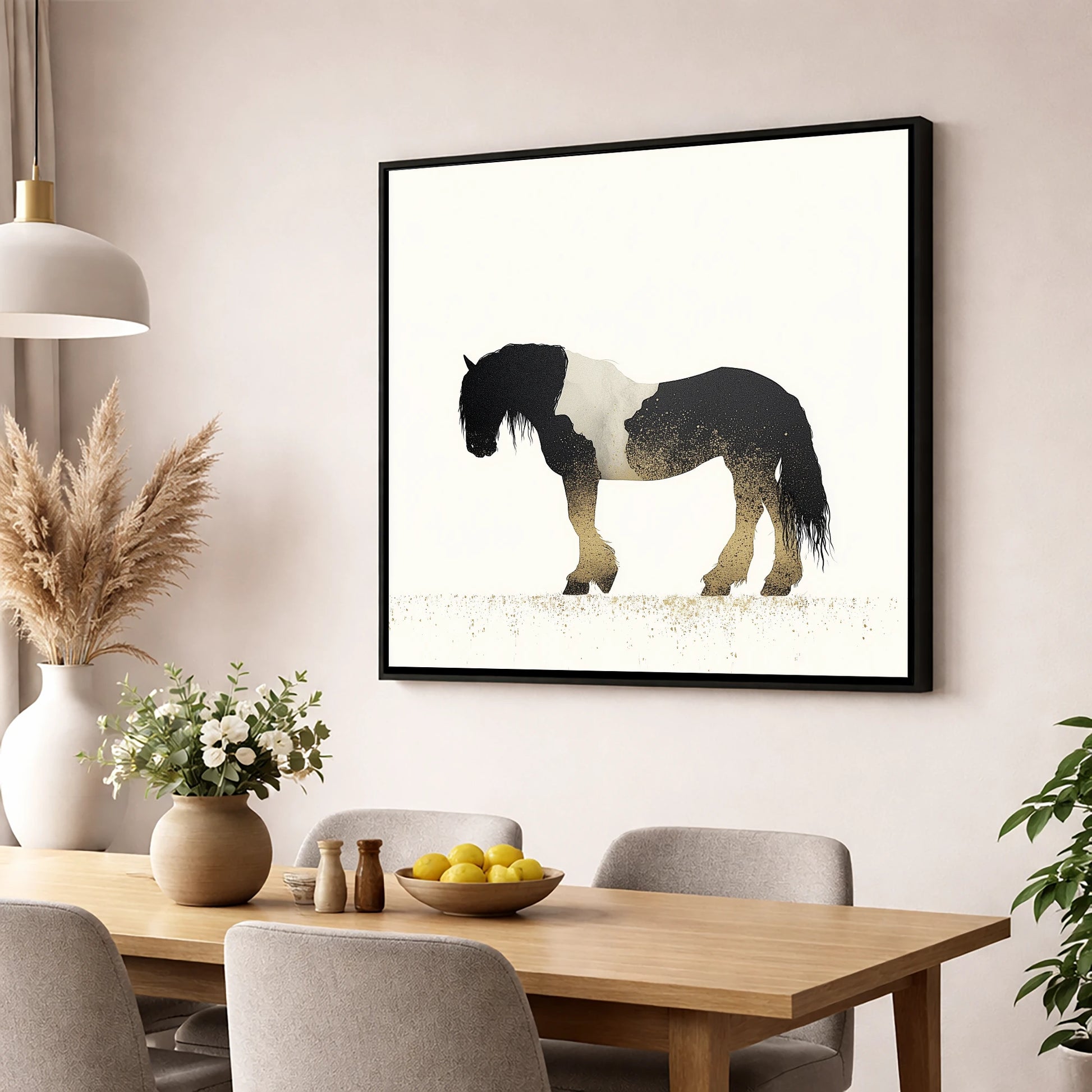 Gilded Piebald Profile horse breed wall art displayed in a dining room