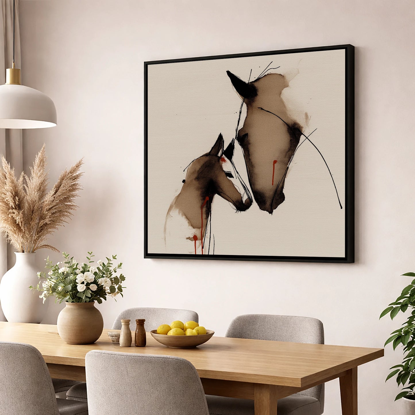 Unbreakable Bond mare & foal wall art displayed in a dining room