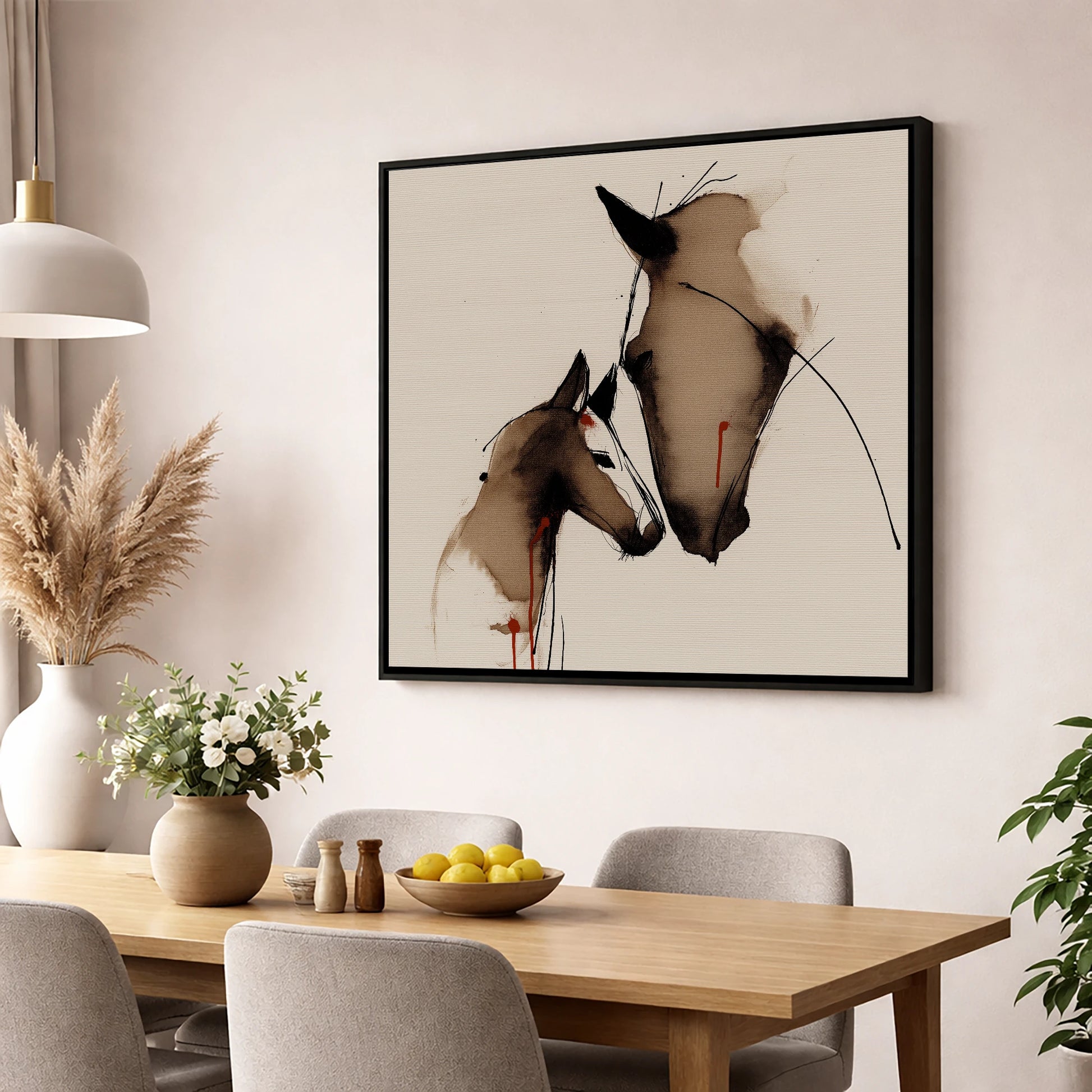 Unbreakable Bond mare & foal wall art displayed in a dining room