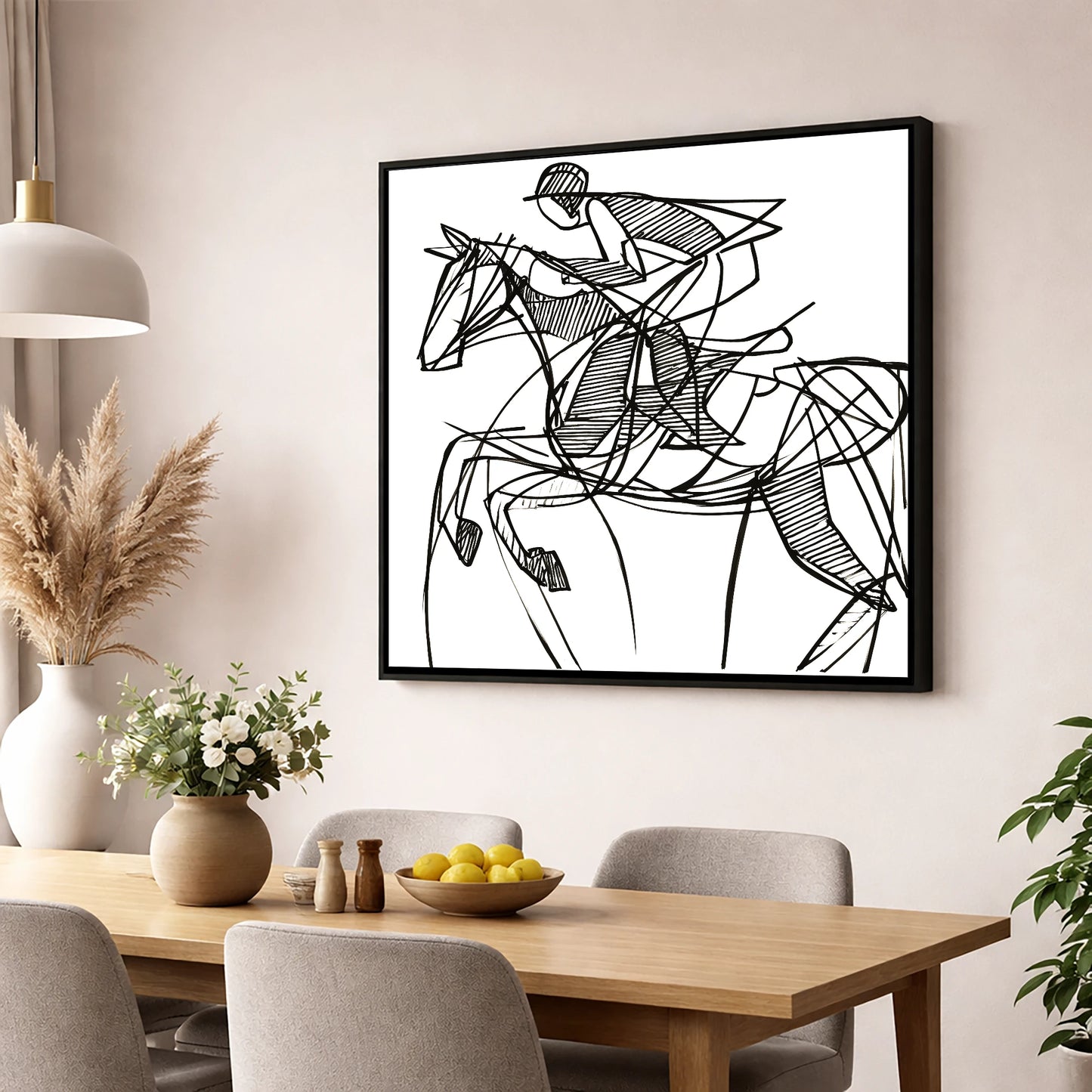Dynamic Line Jumper show jumping horse wall art displayed in a dining room