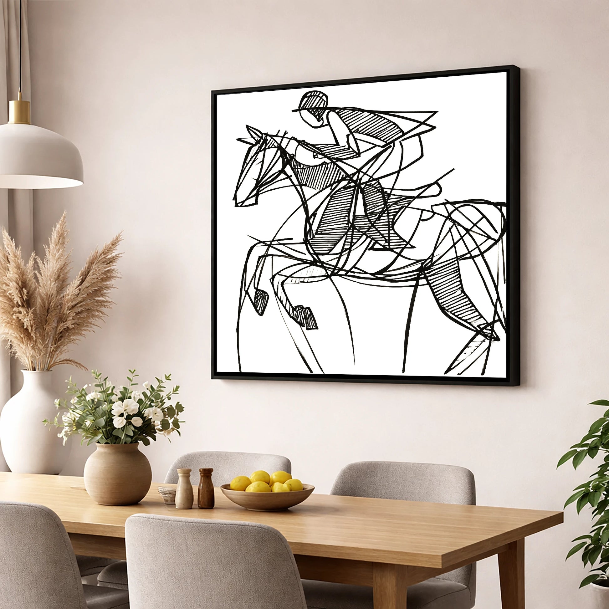 Dynamic Line Jumper show jumping horse wall art displayed in a dining room