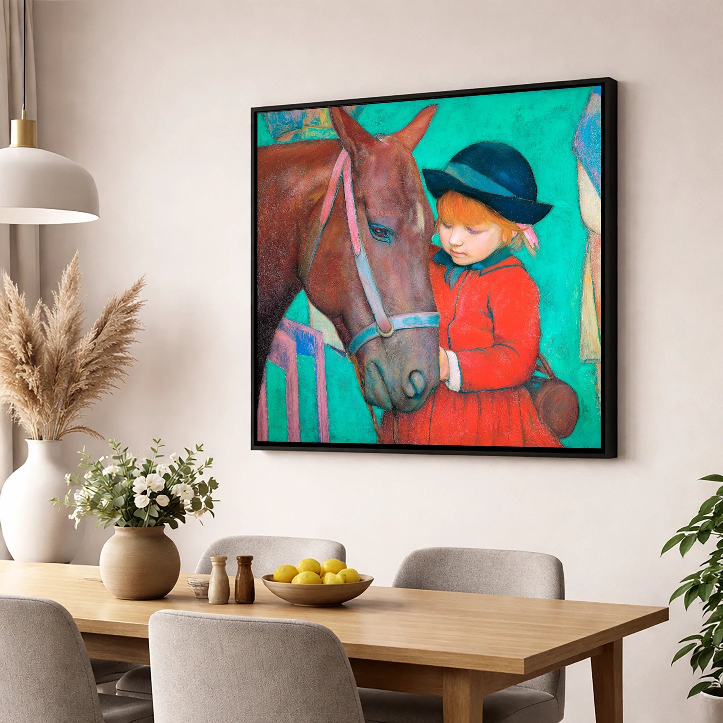 The Gentle Introduction horse & rider wall art displayed in a dining room