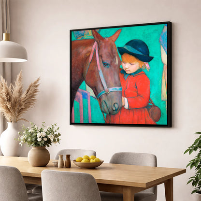 The Gentle Introduction horse & rider wall art displayed in a dining room
