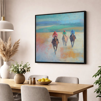 Dawn on the Gallops racing horse wall art displayed in a dining room