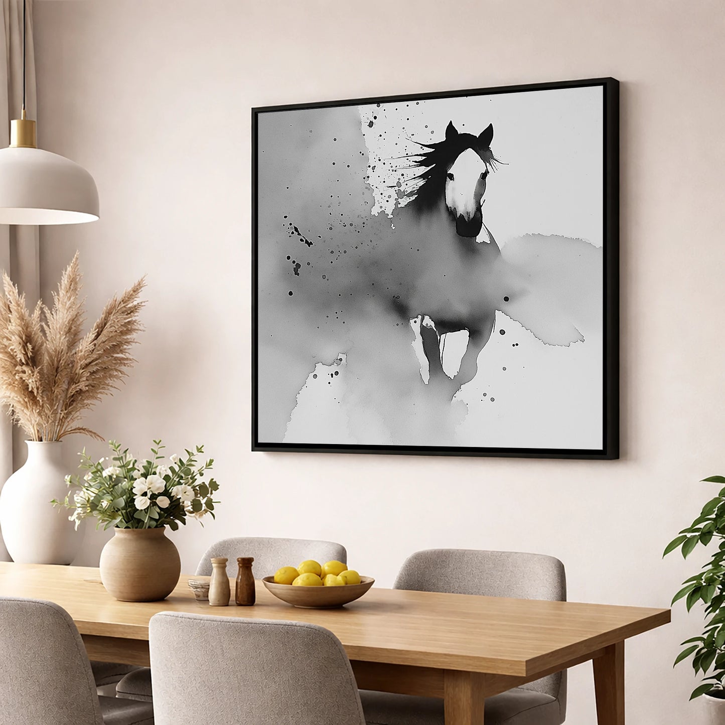 Emerging Spirit horse portrait wall art displayed in a dining room