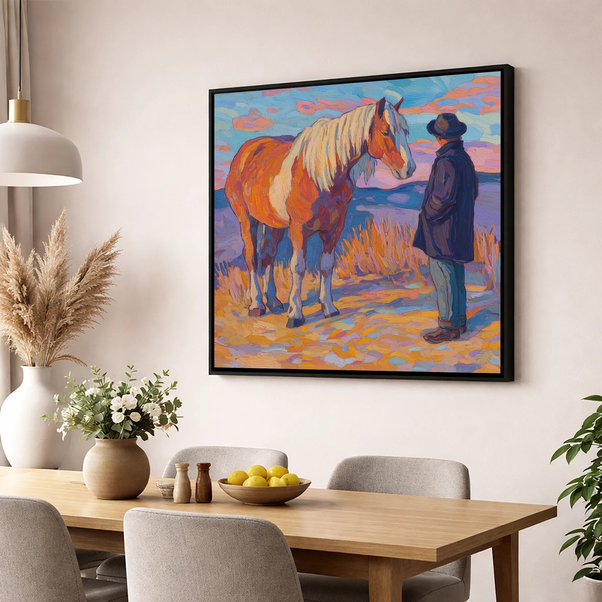 Golden Hour Harmony horse & rider wall art displayed in a dining room
