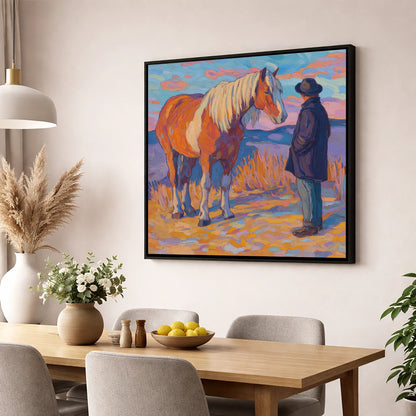 Golden Hour Harmony horse & rider wall art displayed in a dining room