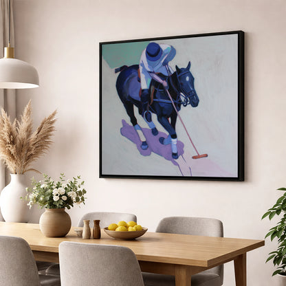 The Indigo Swing polo horse wall art displayed in a dining room