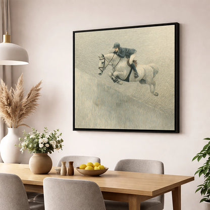 Suspended in Flight show jumping horse wall art displayed in a dining room