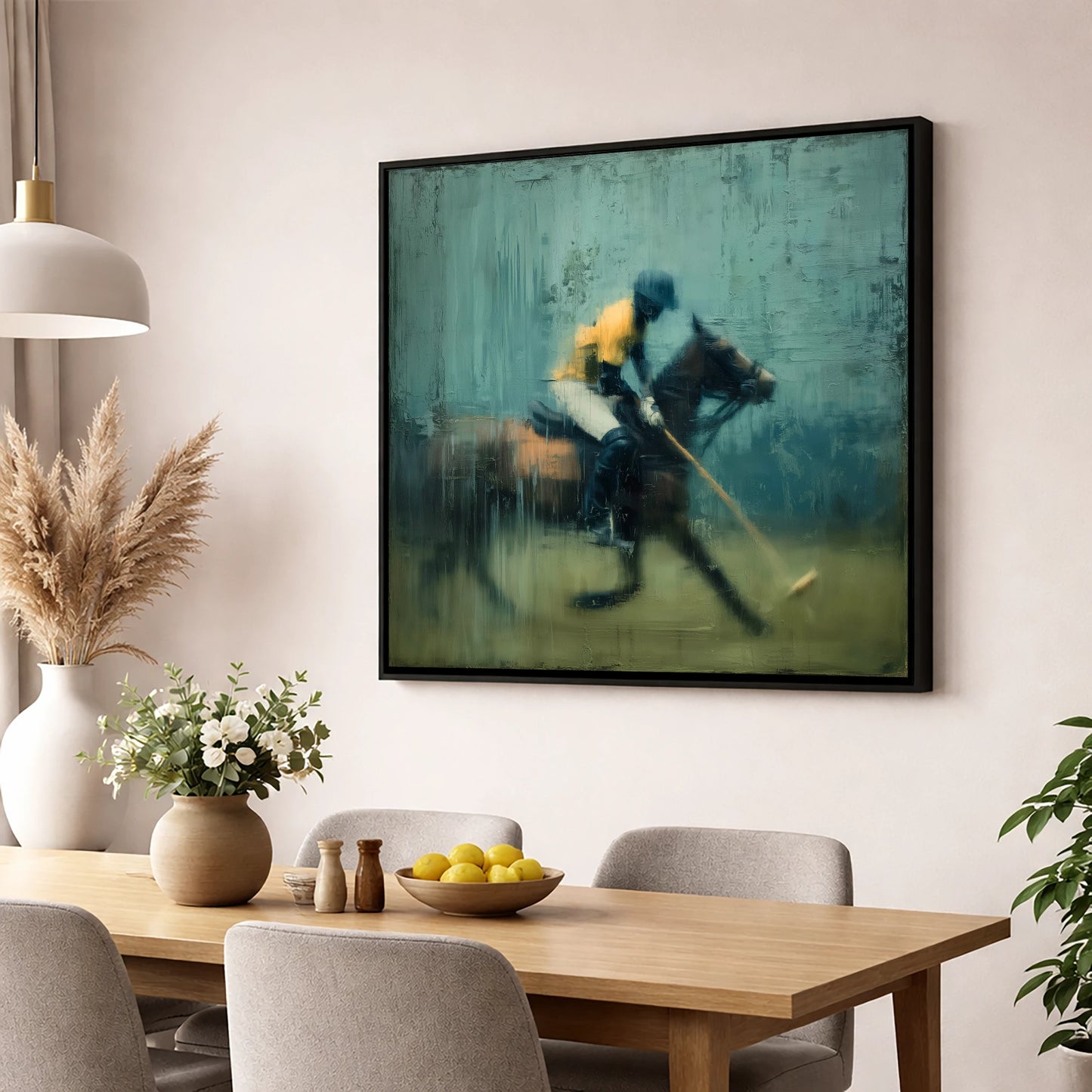 The Final Chukka polo horse wall art displayed in a dining room