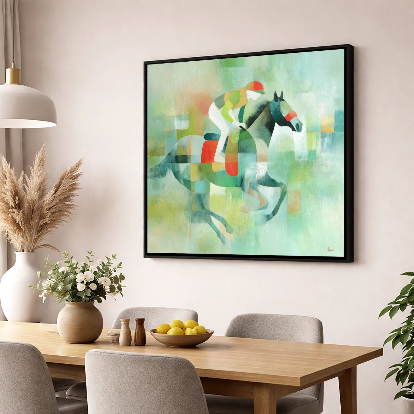 Abstract Turf Stride racing horse wall art displayed in a dining room