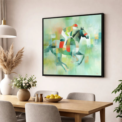 Abstract Turf Stride racing horse wall art displayed in a dining room