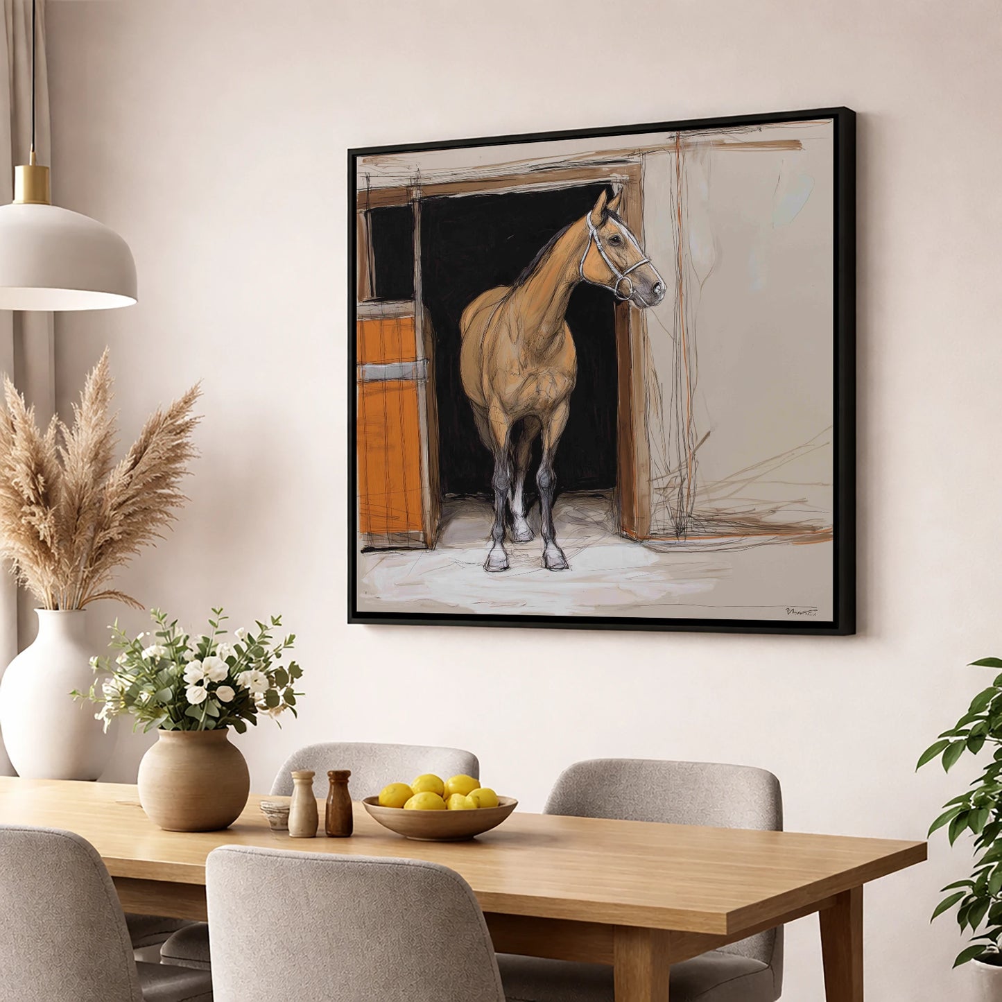 Morning Watch horse stable wall art displayed in a dining room