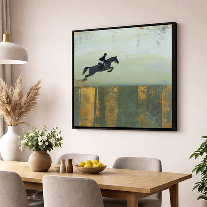 Gilded Flight show jumping horse wall art displayed in a dining room