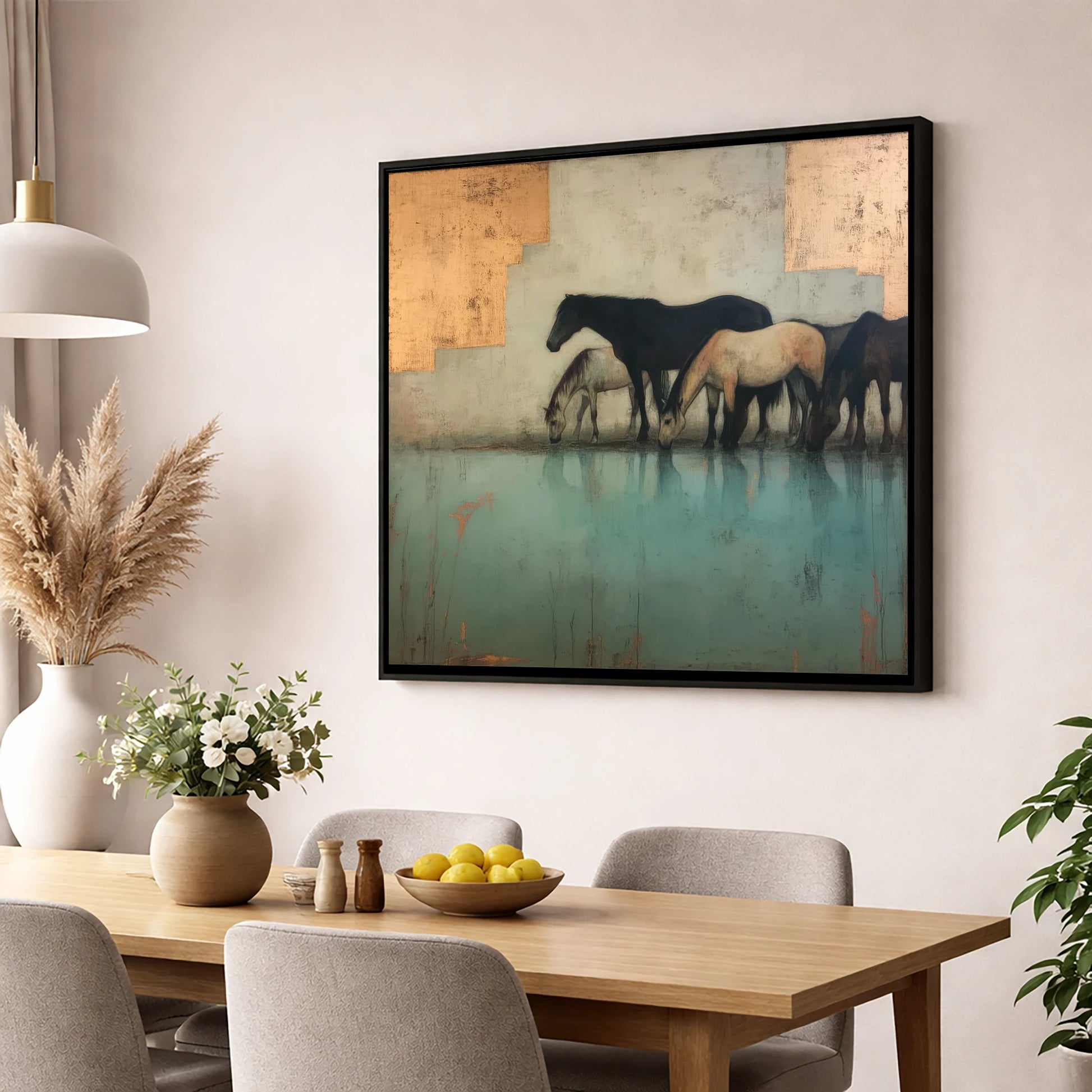 Gilded Herd Reflections wild horses wall art displayed in a dining room