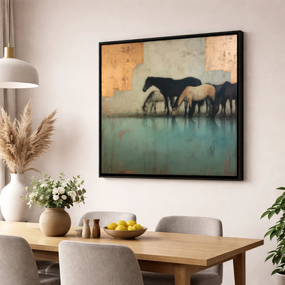 Gilded Herd Reflections wild horses wall art displayed in a dining room
