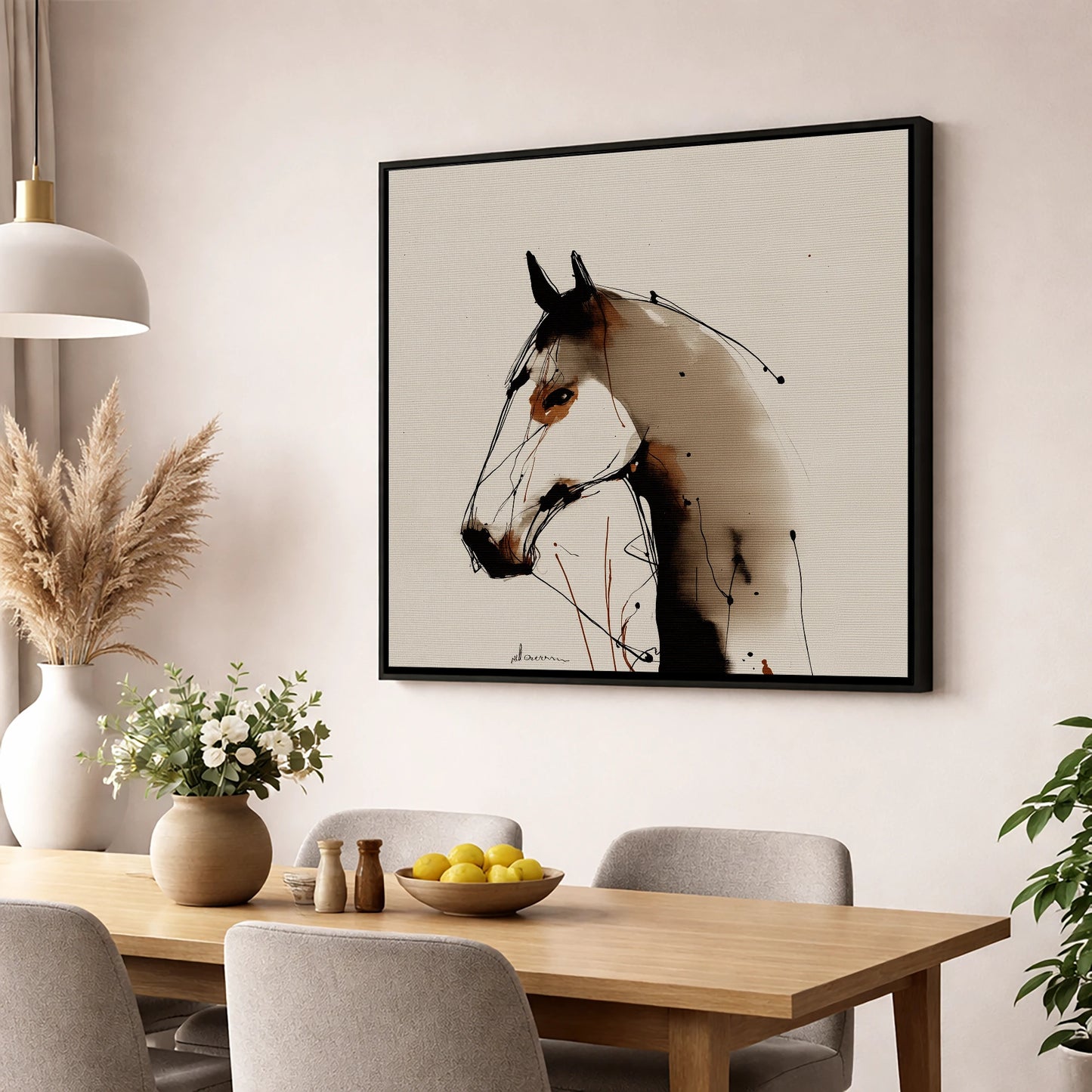 Sepia Ink Silhouette horse portrait wall art displayed in a dining room