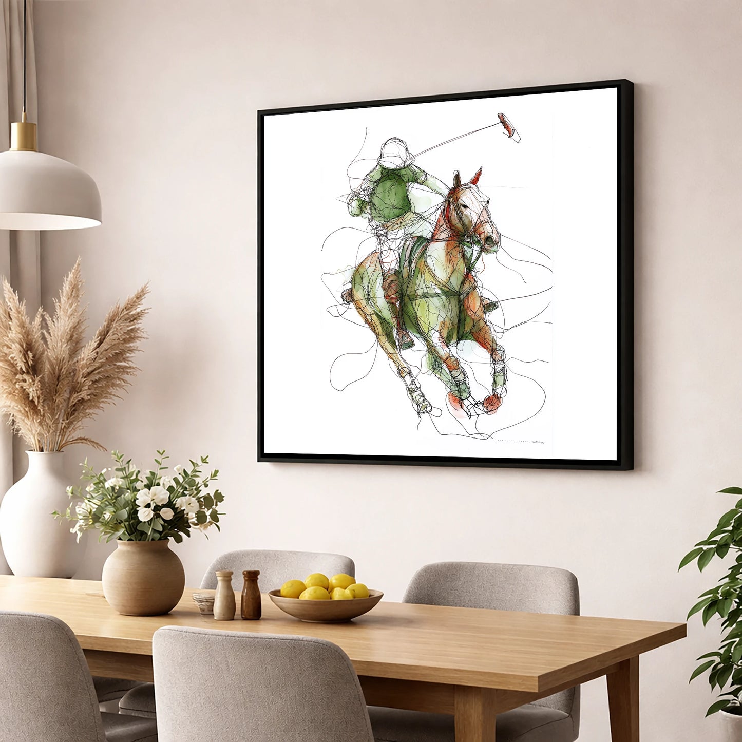 Kinetic Polo Strike polo horse wall art displayed in a dining room