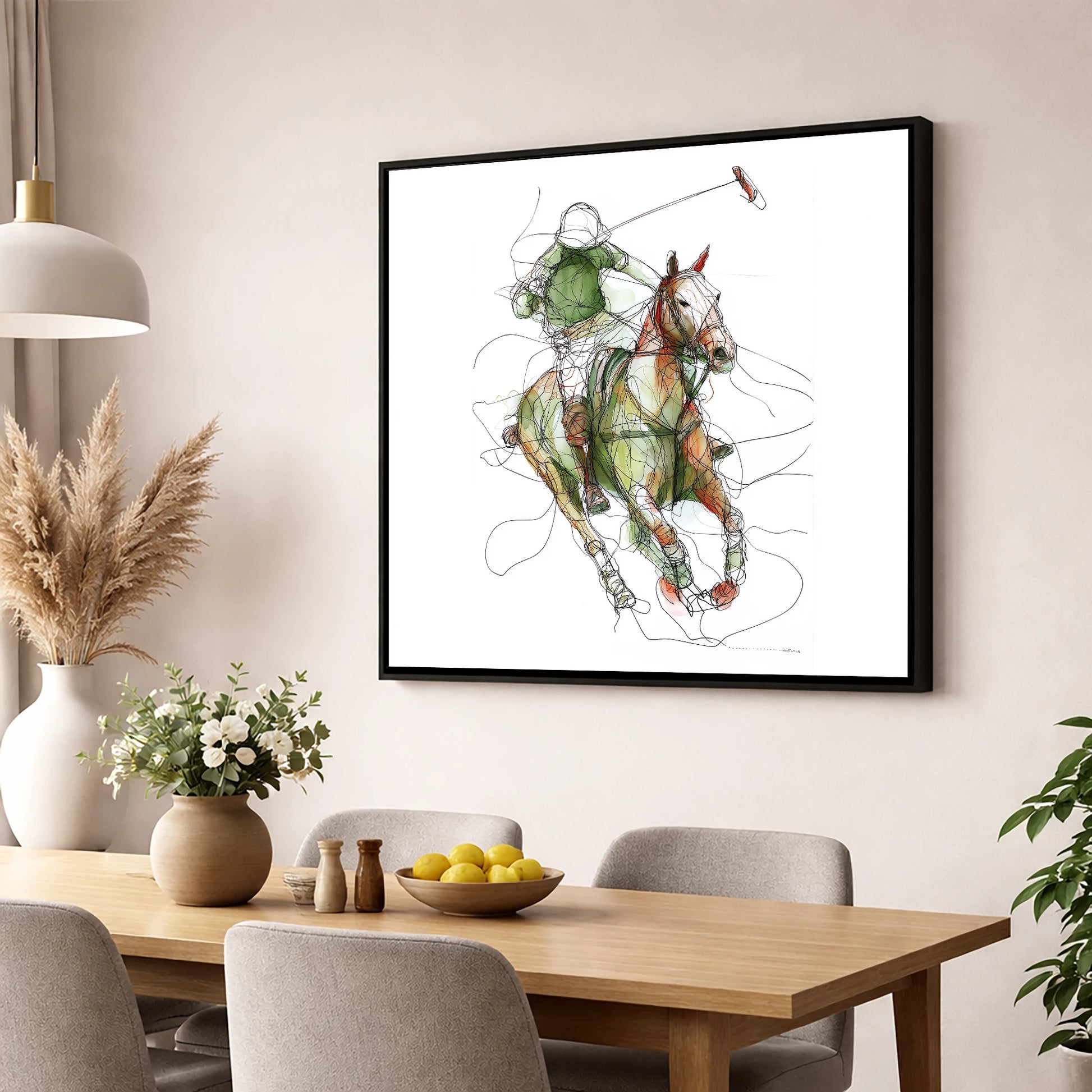 Kinetic Polo Strike polo horse wall art displayed in a dining room
