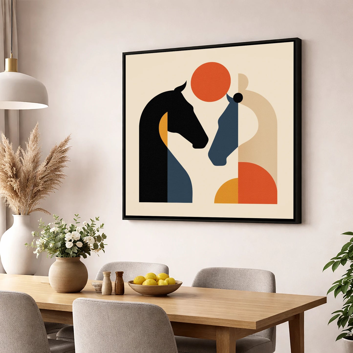 Mid-Century Equine Duo horse portrait wall art displayed in a dining room