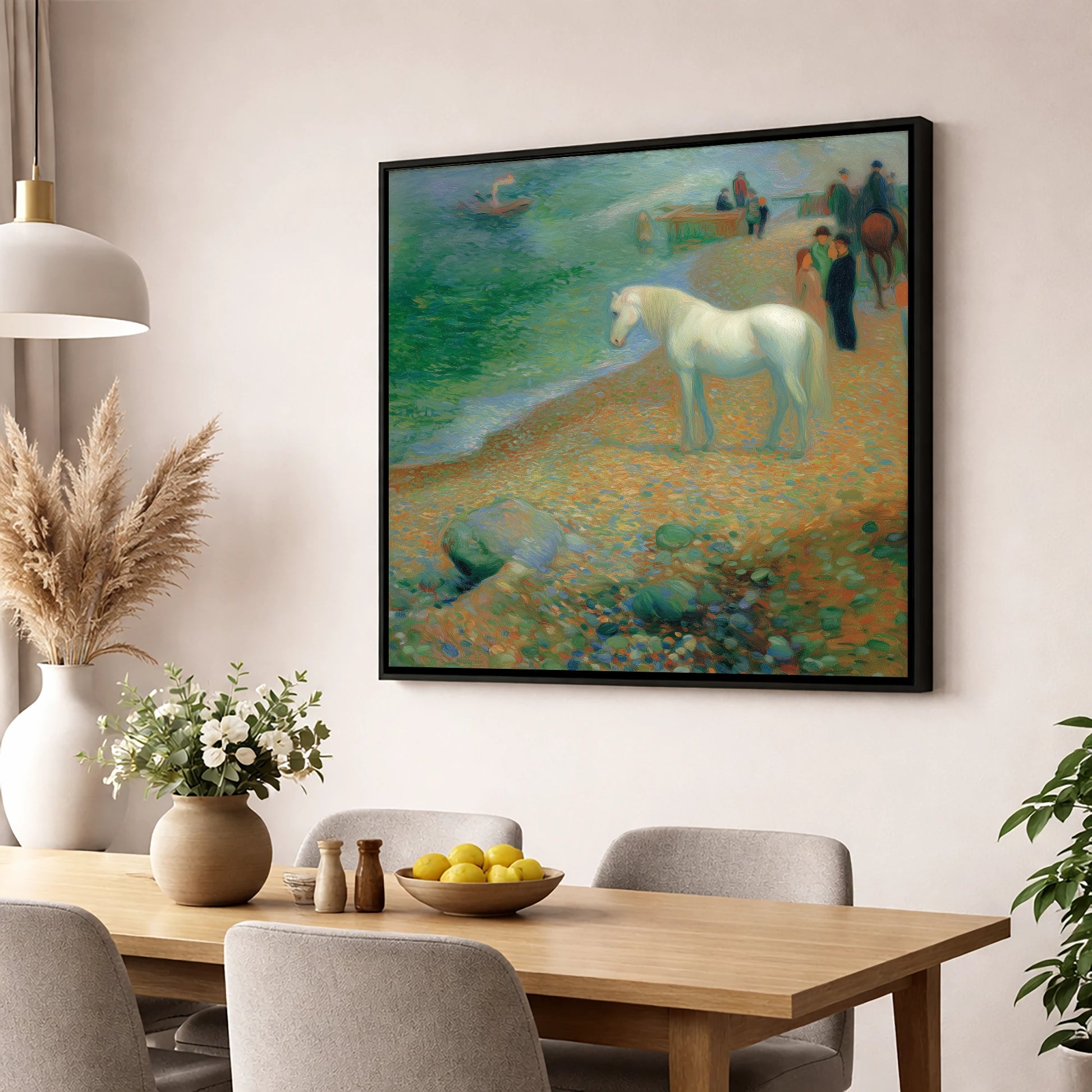 Luminous Shoreline Solitude horse landscape wall art displayed in a dining room