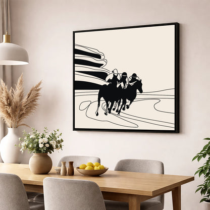 Rounding the Bend racing horse wall art displayed in a dining room