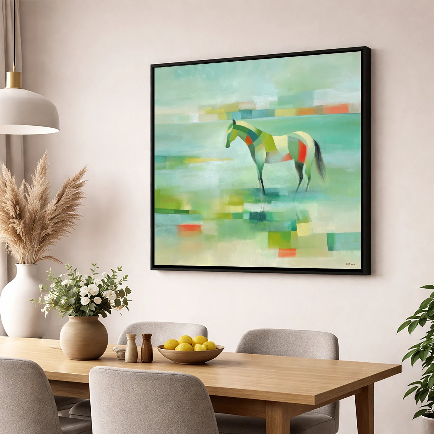 Emerald Beach Mosaic beach horse wall art displayed in a dining room