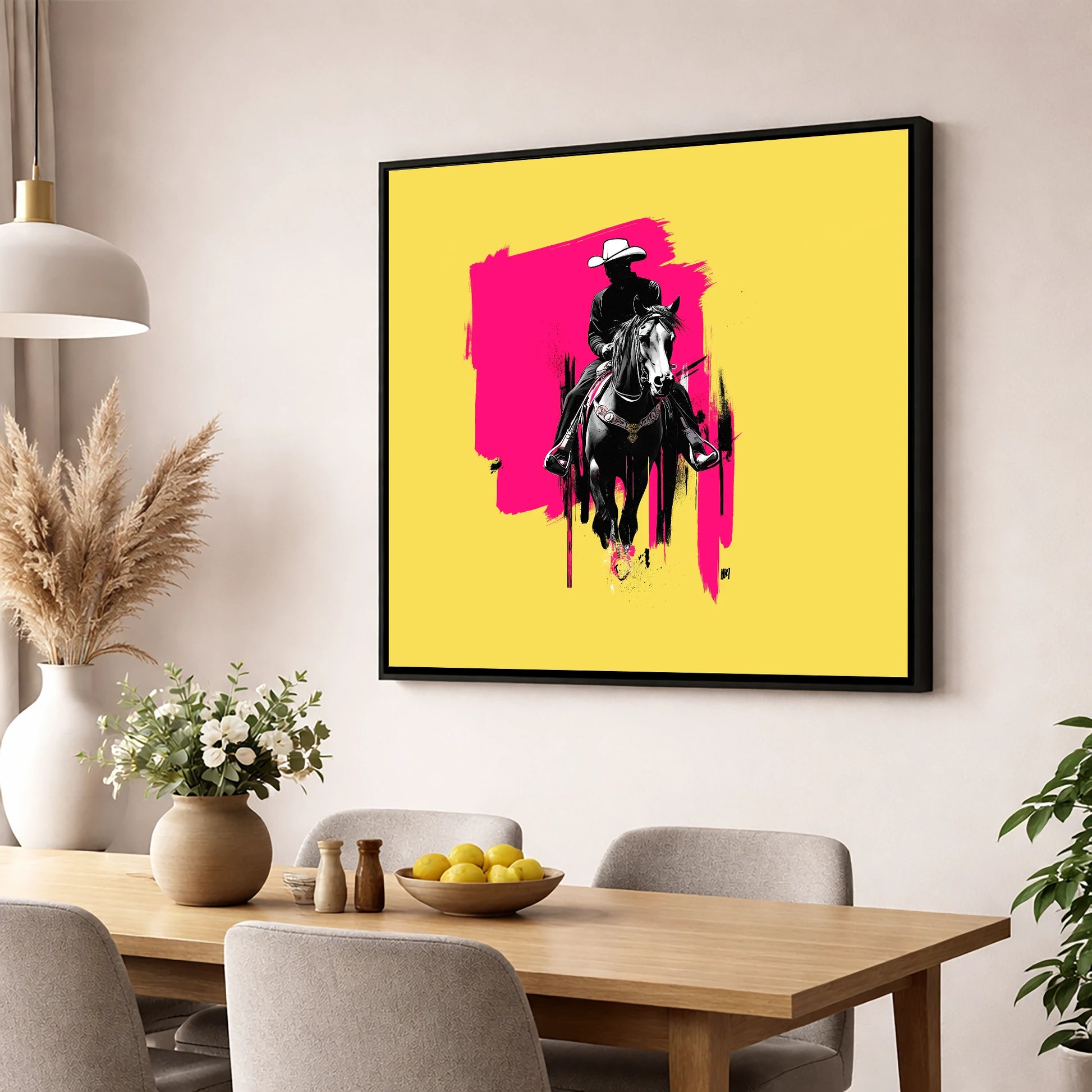 Magenta High Noon western horse wall art displayed in a dining room