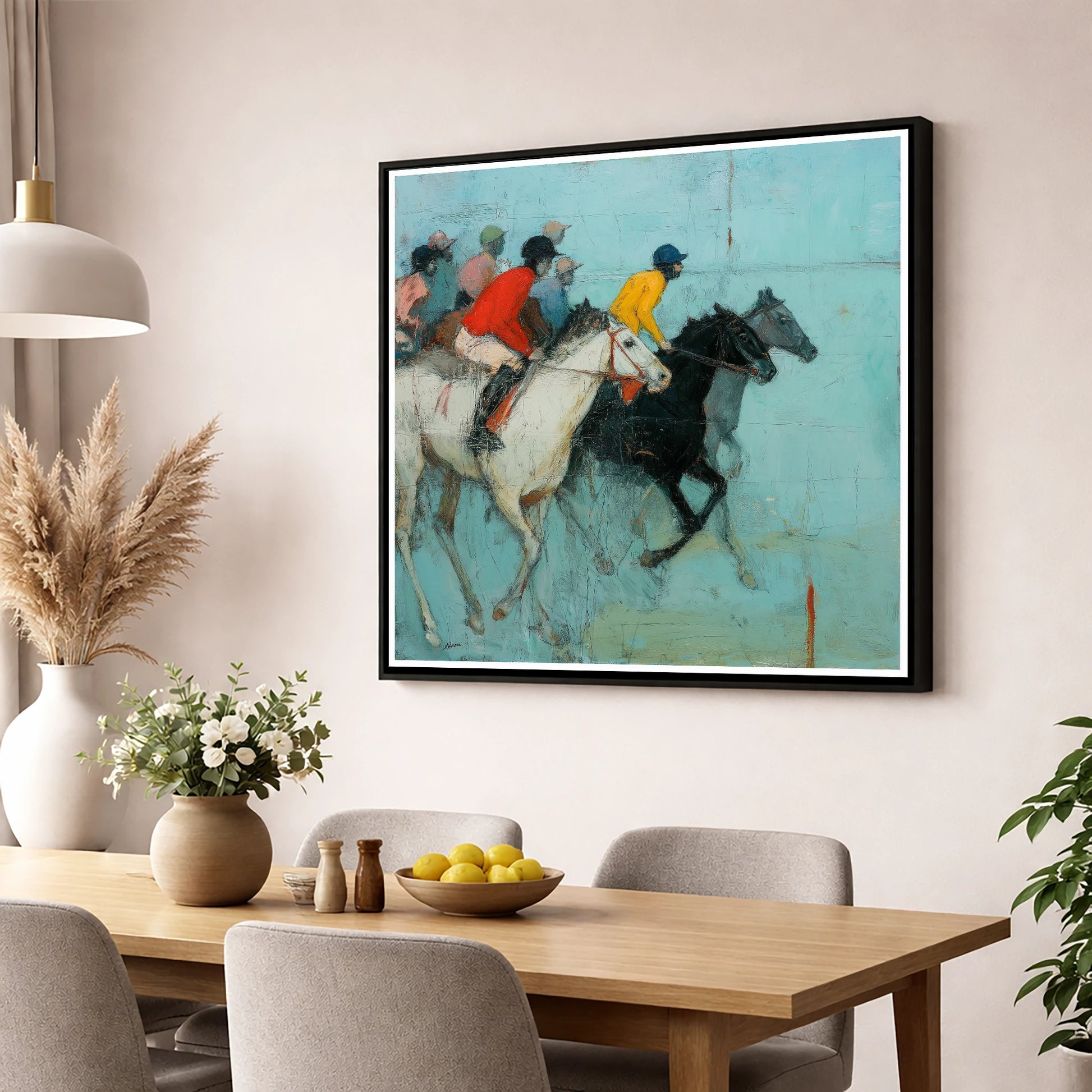 The Inside Rail racing horse wall art displayed in a dining room