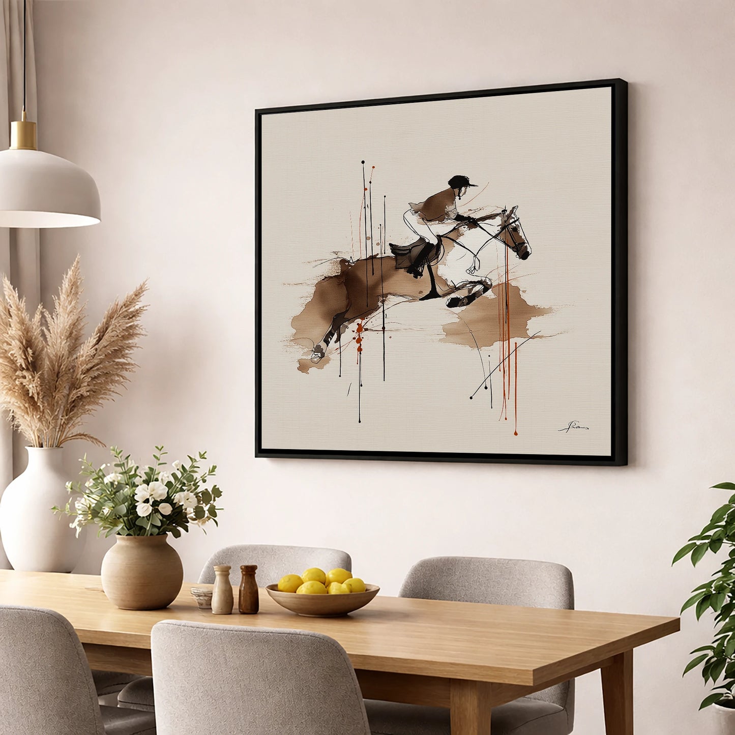 Airborne Momentum show jumping horse wall art displayed in a dining room