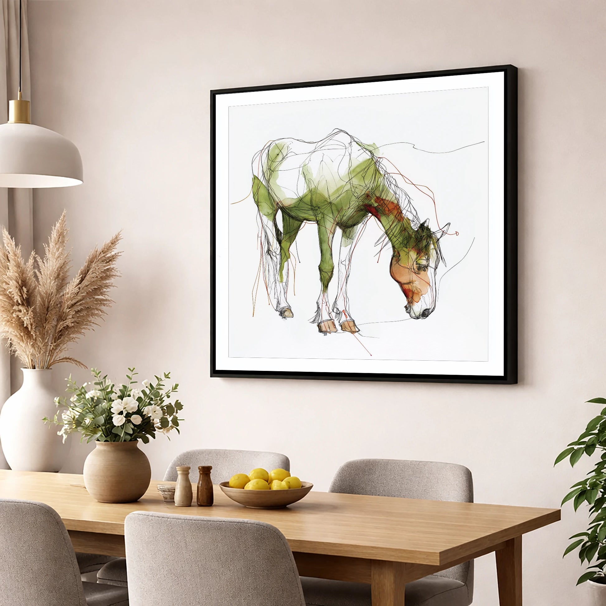 The Quiet Grazer working horse wall art displayed in a dining room