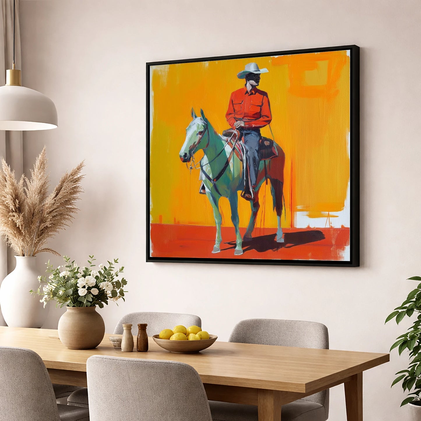 The Bright Frontier western horse wall art displayed in a dining room