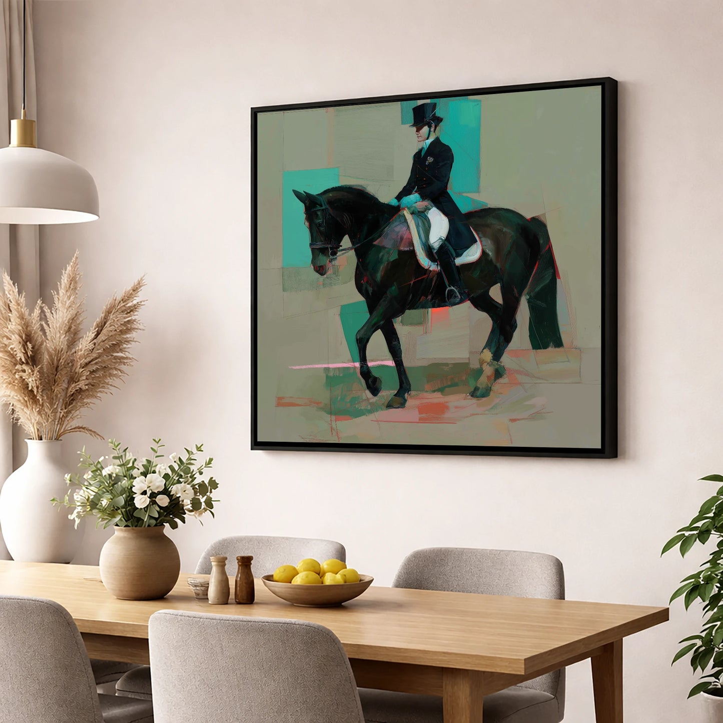 Contemporary Collection dressage horse wall art displayed in a dining room