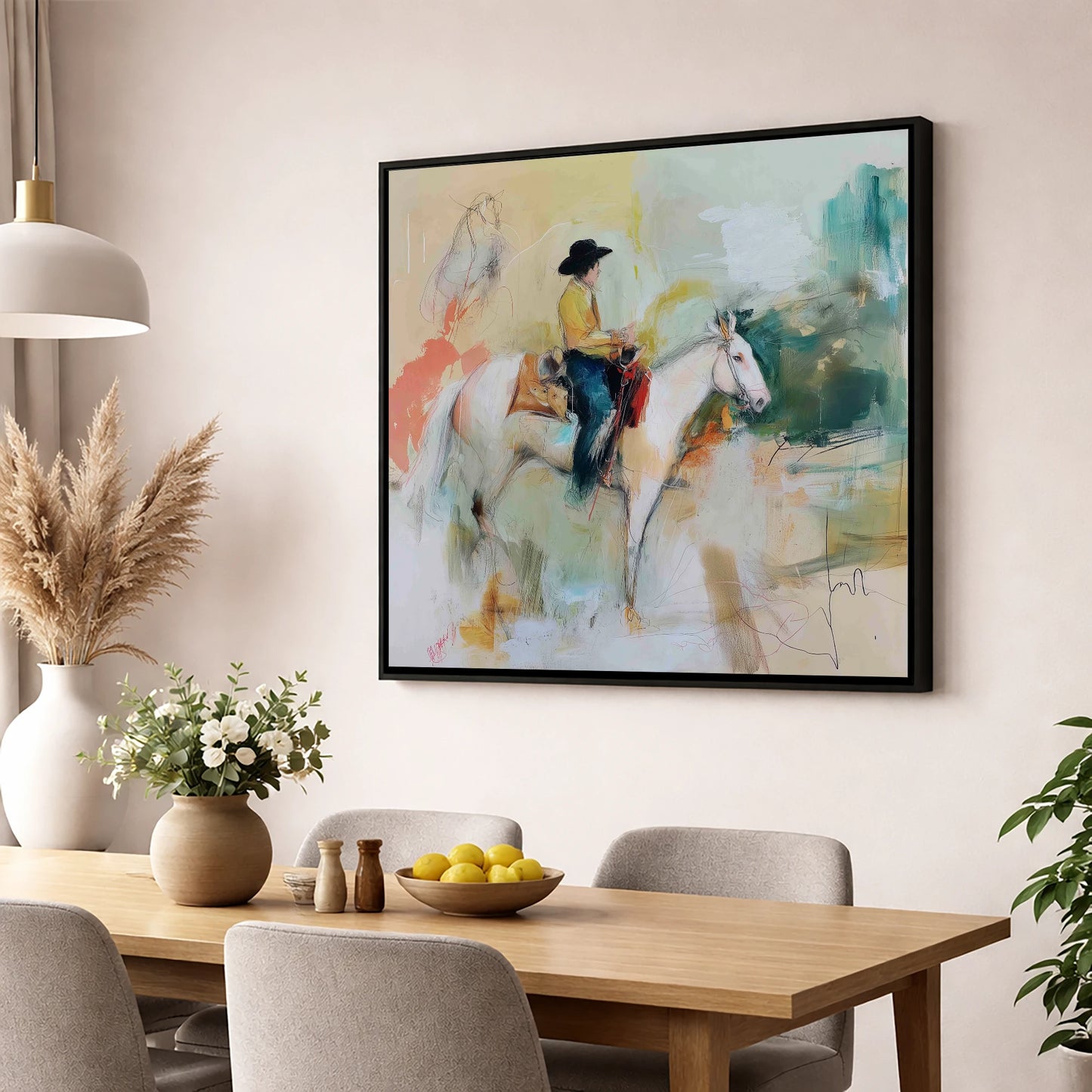Painted Prairie Solitude western horse wall art displayed in a dining room