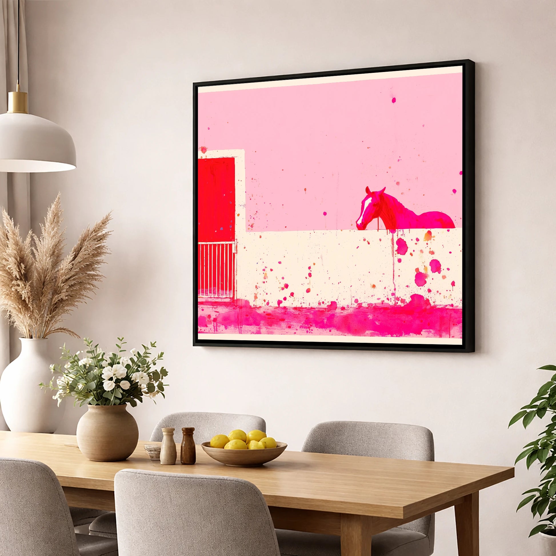Crimson Doorway horse stable wall art displayed in a dining room