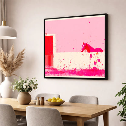 Crimson Doorway horse stable wall art displayed in a dining room
