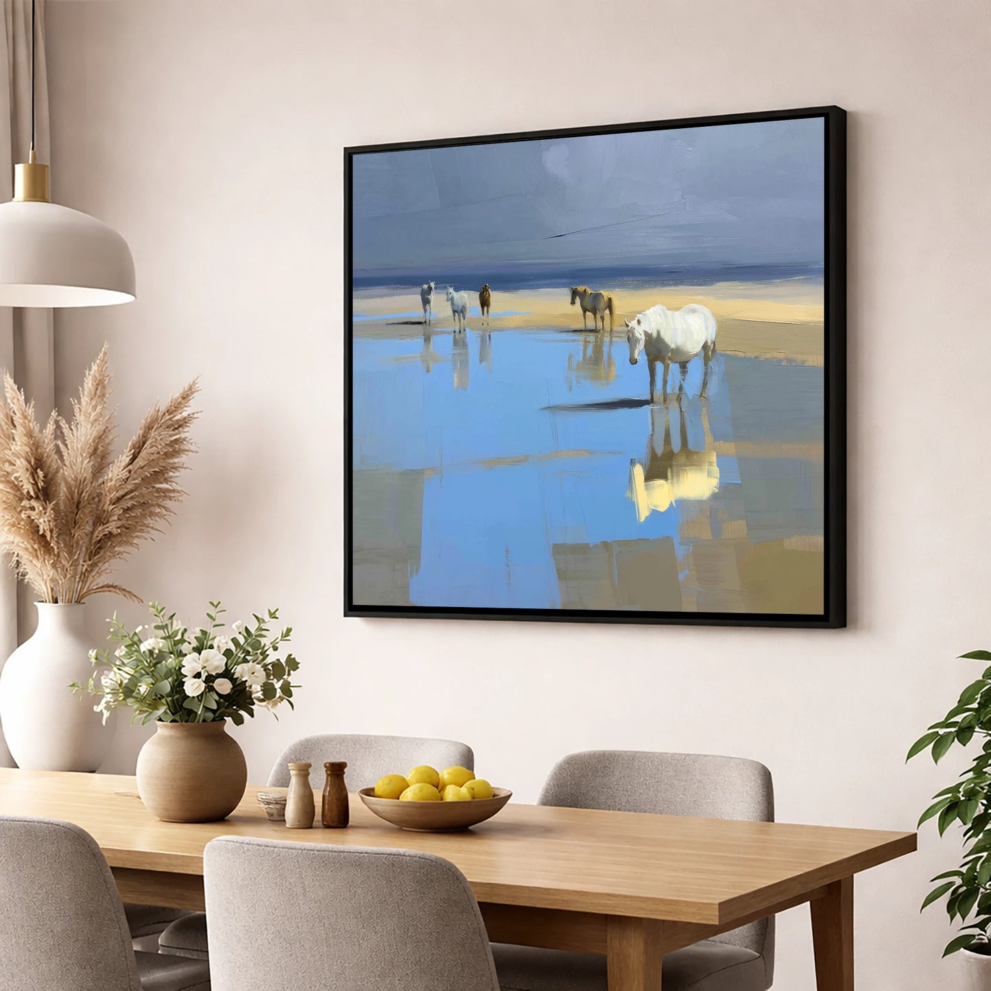 Stillness in the Shallows horse landscape wall art displayed in a dining room