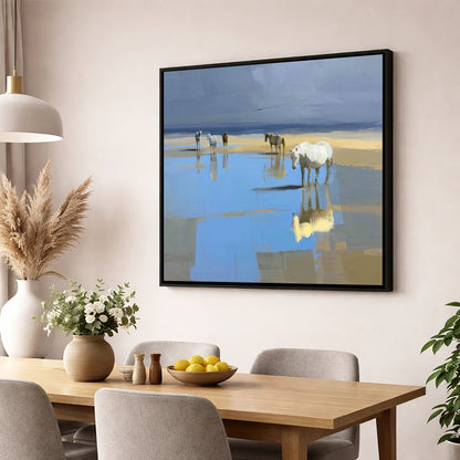 Stillness in the Shallows horse landscape wall art displayed in a dining room