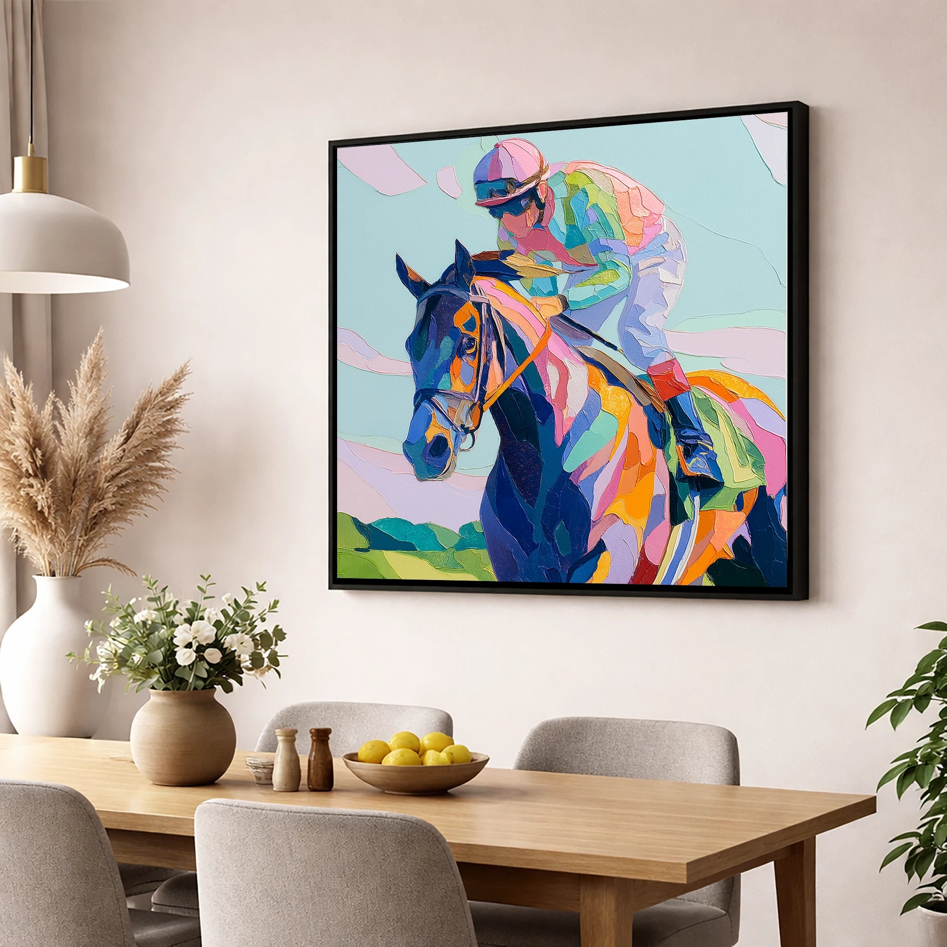 Technicolour Sprint racing horse wall art displayed in a dining room