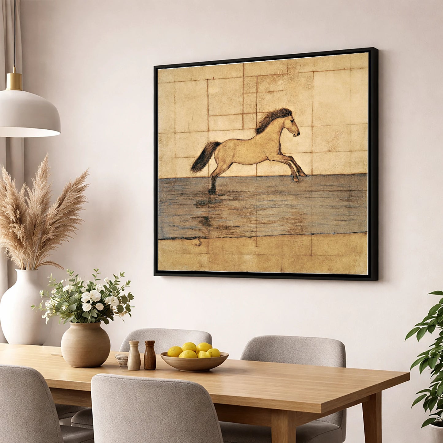 Classical Canter Study horse portrait wall art displayed in a dining room