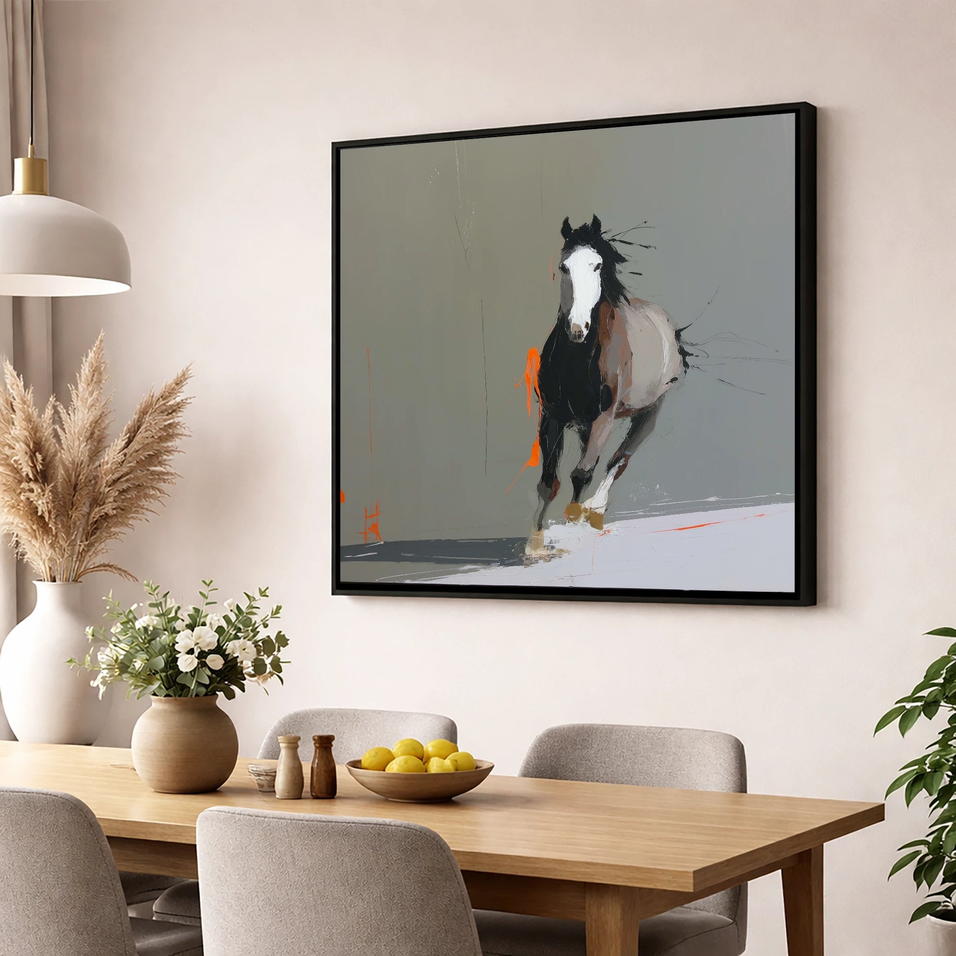 Striking Forward Impulse horse portrait wall art displayed in a dining room