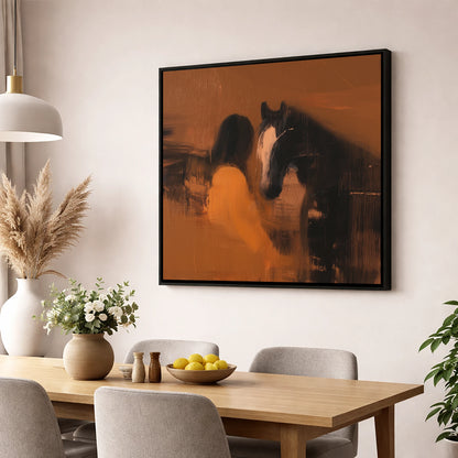 Unspoken Bond horse & rider wall art displayed in a dining room