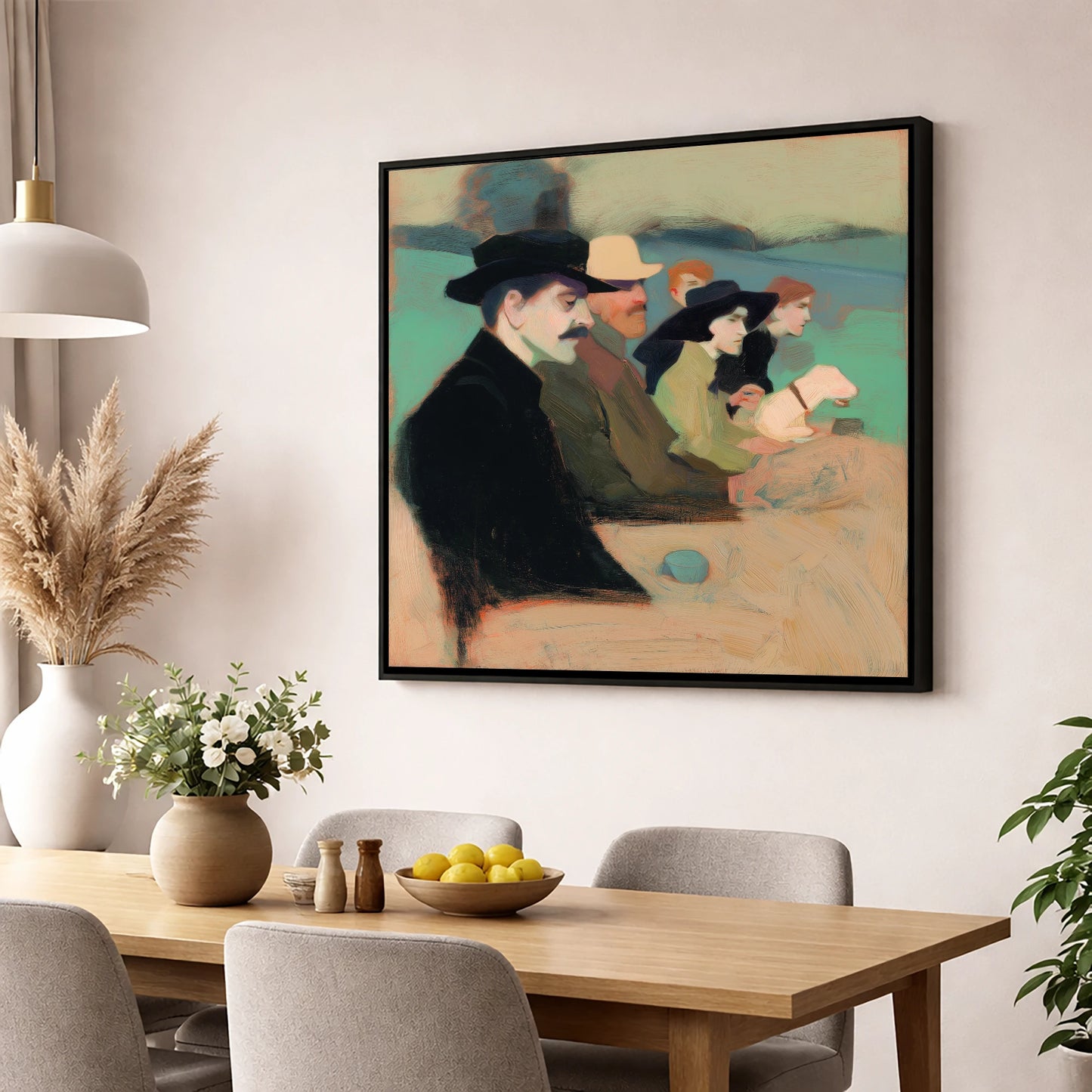 Gathering at the Rails racing horse wall art displayed in a dining room