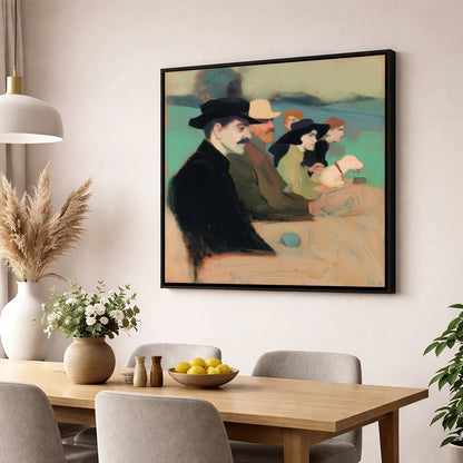 Gathering at the Rails racing horse wall art displayed in a dining room