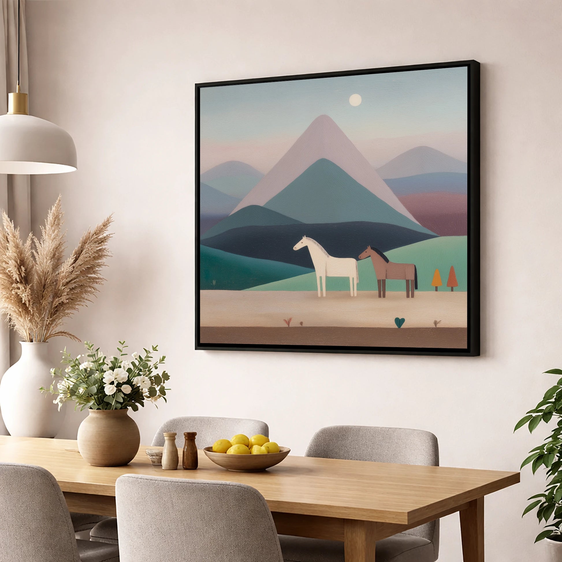 Tranquil Valley Companions horse landscape wall art displayed in a dining room