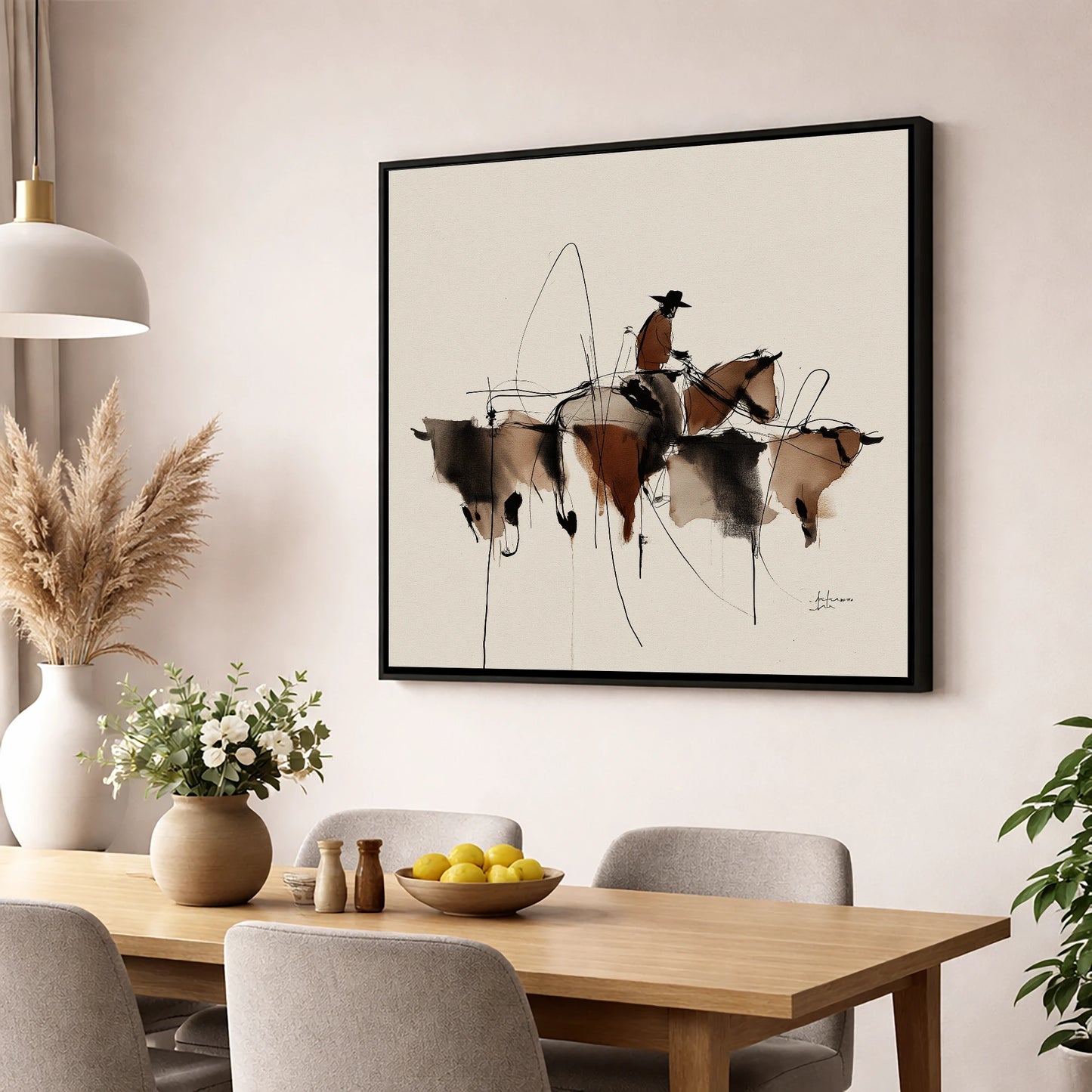 The Cattle Drive western horse wall art displayed in a dining room