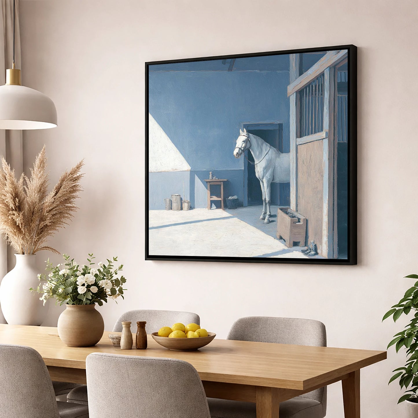 Quiet Morning Yard horse stable wall art displayed in a dining room