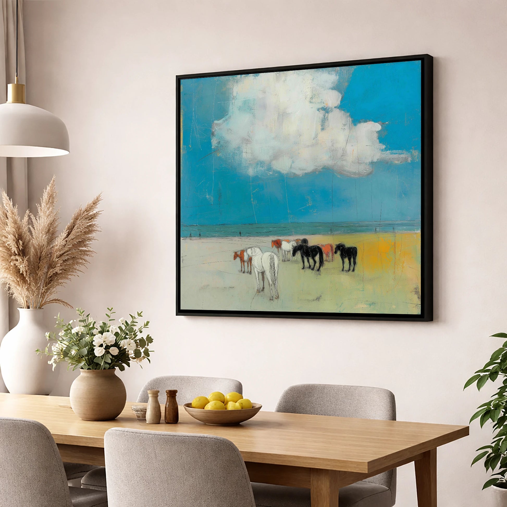 Turquoise Horizon Herd horse landscape wall art displayed in a dining room